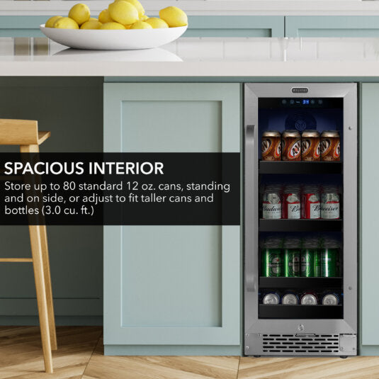 Whynter BBR-838SB 15 inch Built-In 80 Can Undercounter Stainless Steel Beverage Refrigerator with Reversible Door, Digital Control, Lock and Carbon Filter