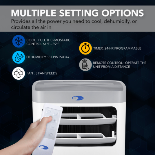 Whynter ARC-115WG 11,000 BTU (6,800 BTU SACC) Compact Portable Air Conditioner, Dehumidifier, and Fan with Remote Control, up to 400 sq ft in White/Grey
