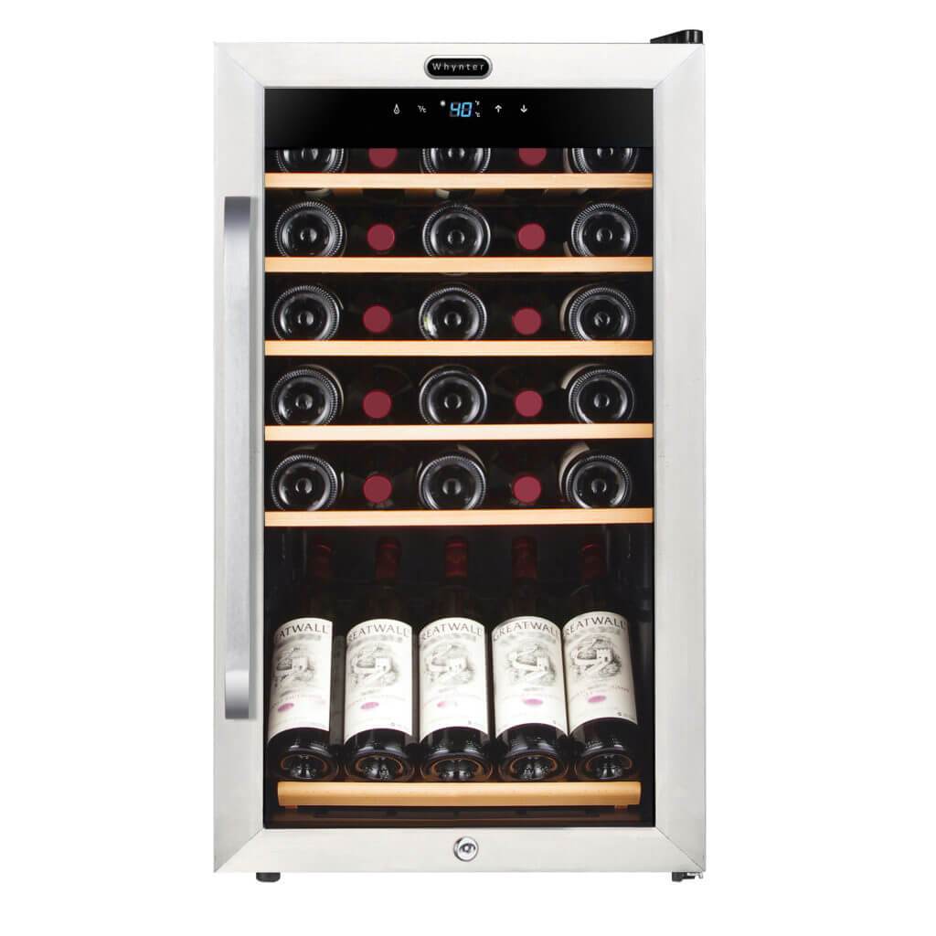 Whynter 34 Bottle Freestanding Stainless Steel Wine Refrigerator with Display Shelf and Digital Control FWC-341TS