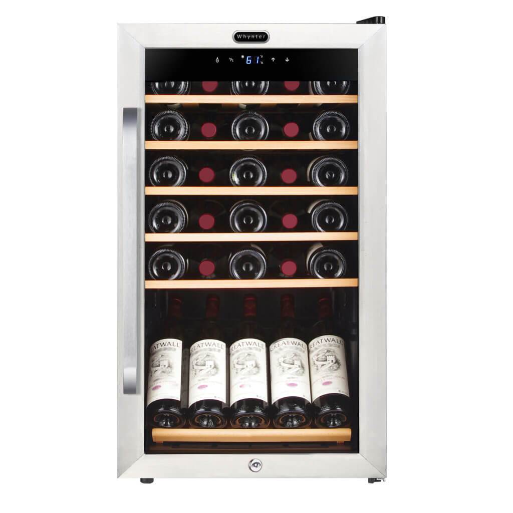 Whynter 34 Bottle Freestanding Stainless Steel Wine Refrigerator with Display Shelf and Digital Control FWC-341TS
