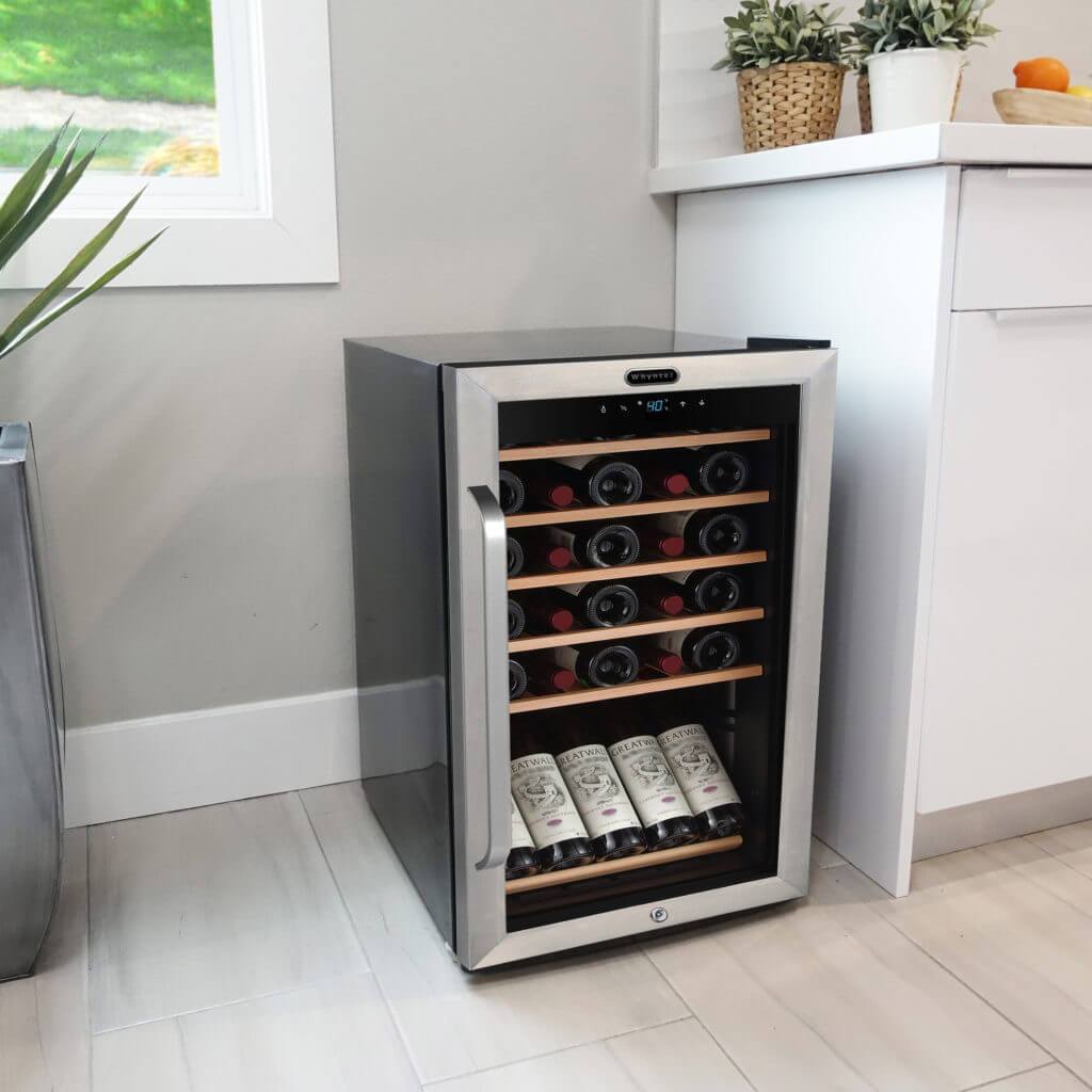 Whynter 34 Bottle Freestanding Stainless Steel Wine Refrigerator with Display Shelf and Digital Control FWC-341TS