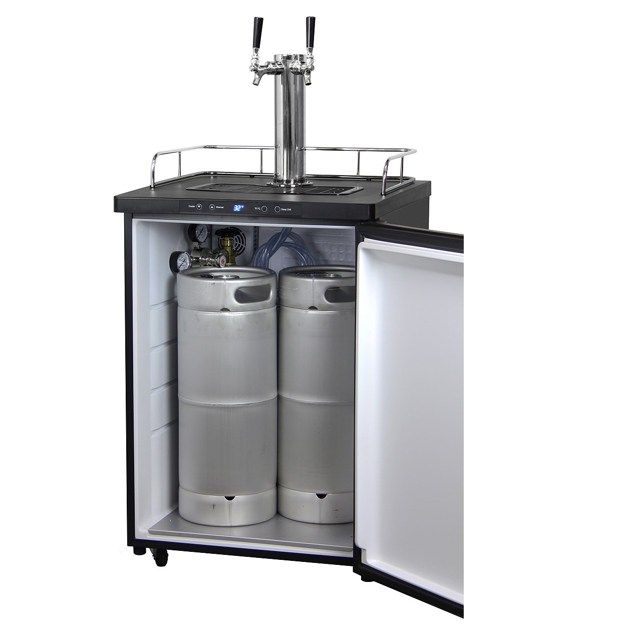 Kegco Dual Tap Faucet Digital Keg Fridge - Black Cabinet with Stainless Steel Door