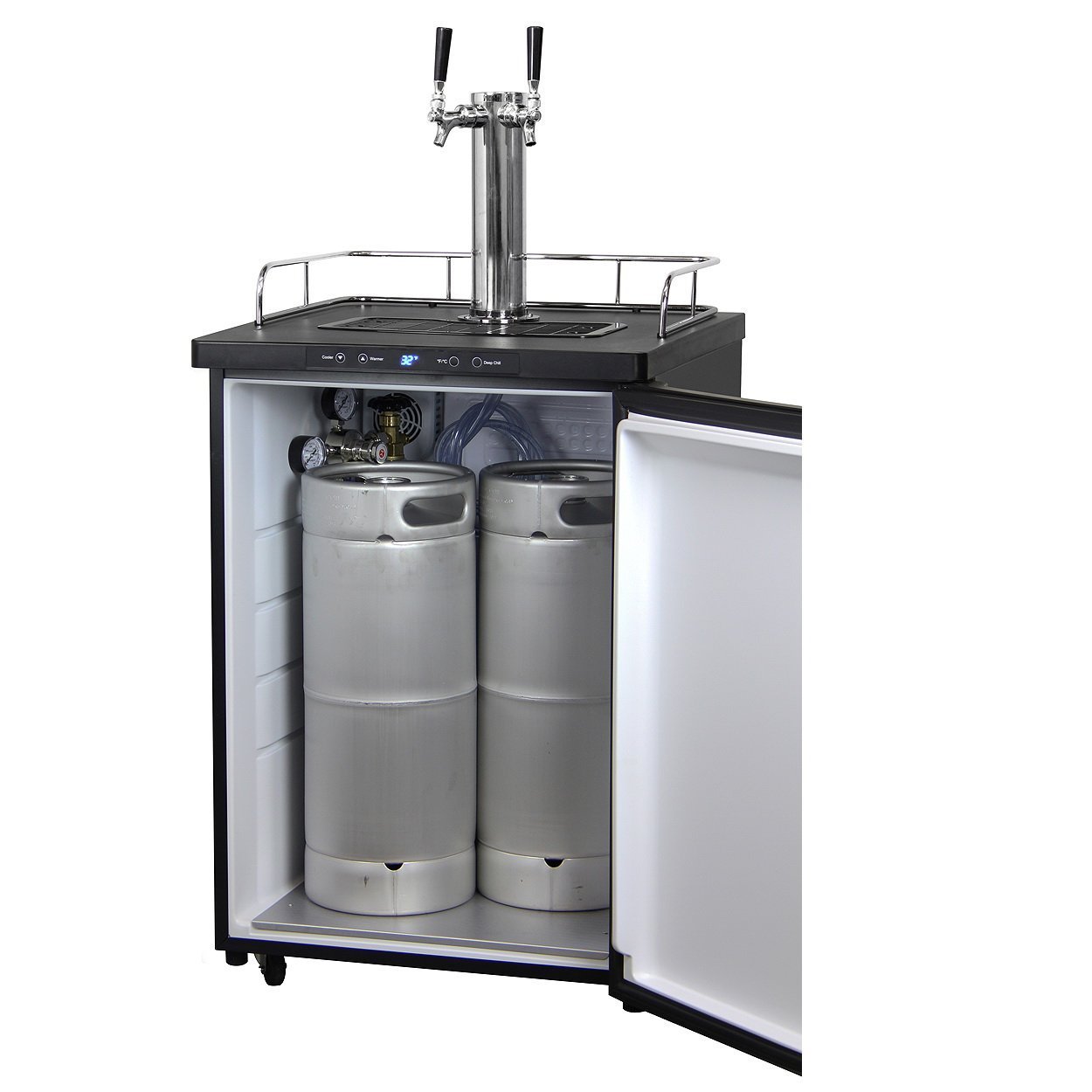 Kegco Dual Two Tap Faucet Digital Kegerator - Black Stainless Steel Door
