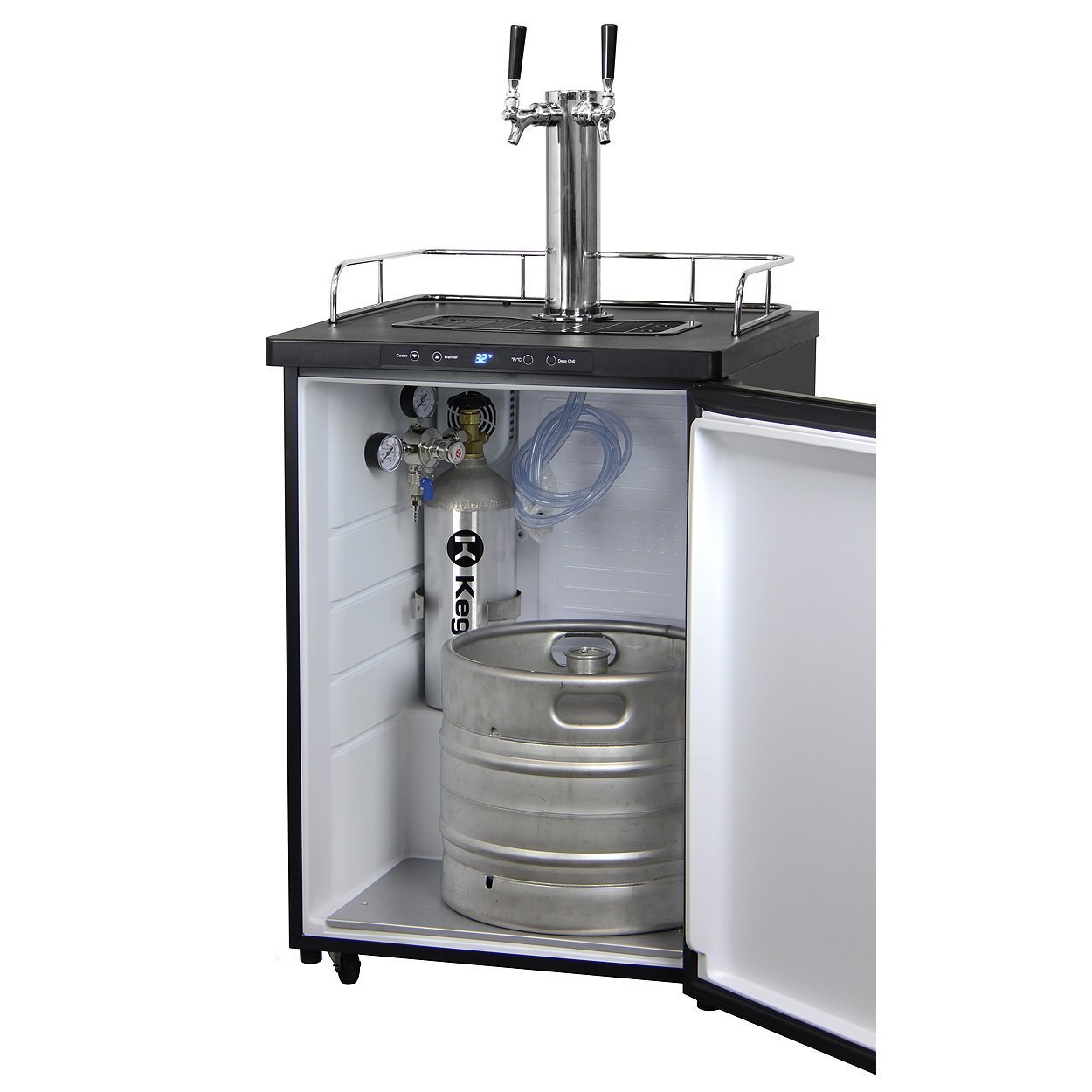 Kegco Dual Tap Faucet Digital Keg Fridge - Black Cabinet with Stainless Steel Door