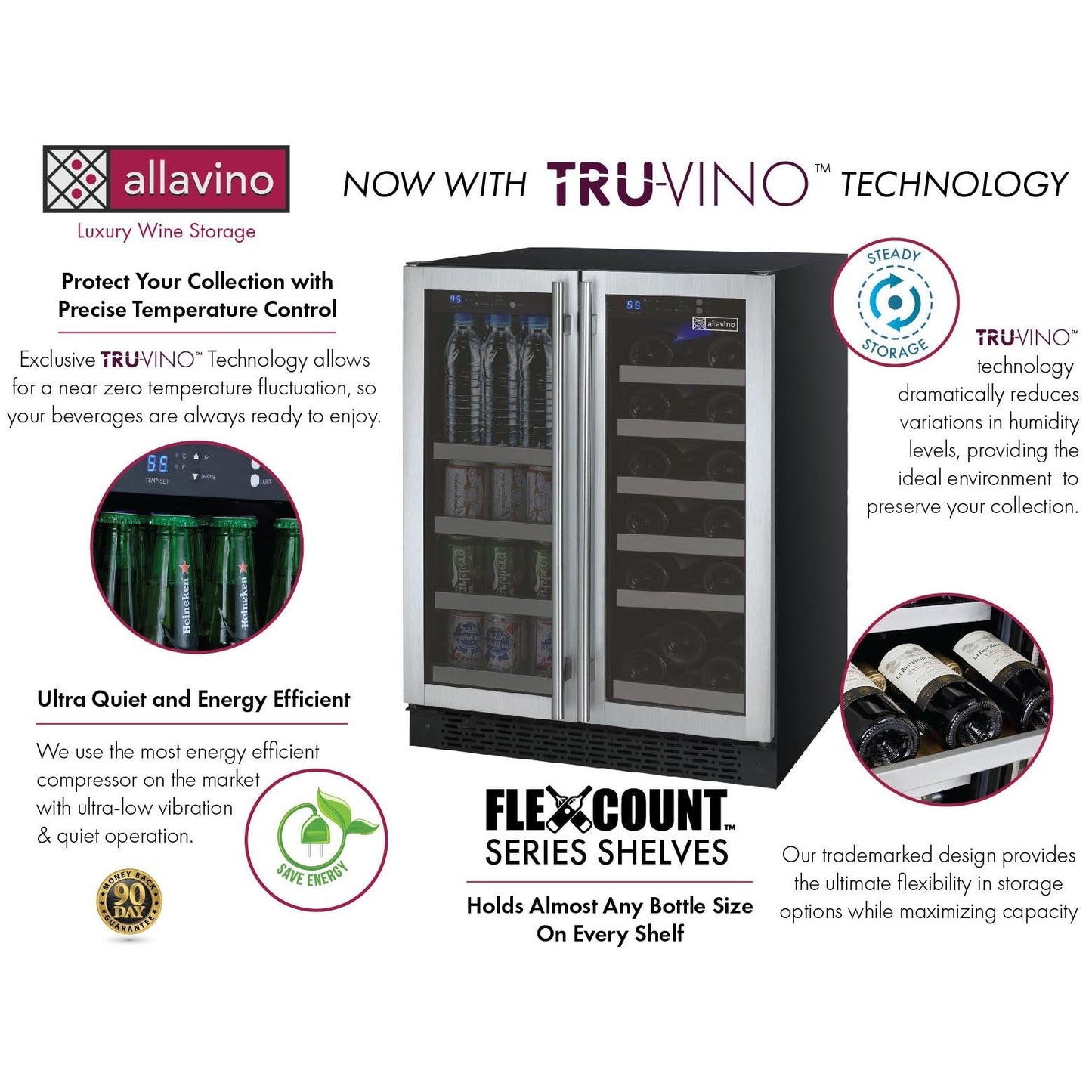 24" Wide FlexCount II Tru-Vino 18 Bottle/66 Cans Dual Zone Stainless Steel Wine Refrigerator/Beverage Center