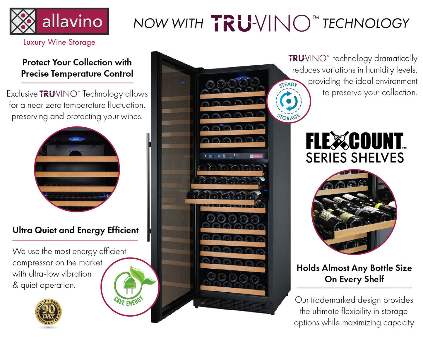24" Wide FlexCount II Tru-Vino 172 Bottle Dual Zone Black Left Hinge Wine Refrigerator