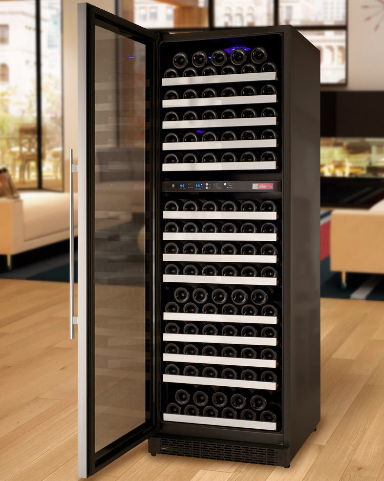 Wide FlexCount II Tru-Vino 172 Bottle Dual Zone Stainless Steel Left Hinge Wine Refrigerator