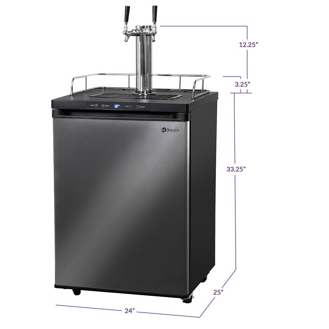 Kegco Dual Two Tap Faucet Digital Kegerator - Black Stainless Steel Door