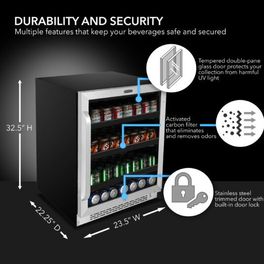Whynter BBR-148SB 24 inch Built-In 140 Can Undercounter Stainless Steel Beverage Refrigerator with Reversible Door, Digital Control, Lock, and Carbon Filter