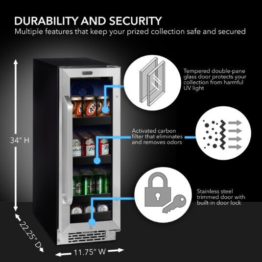 Whynter BBR-638SB 12 inch Built-In 60 Can Undercounter Stainless Steel Beverage Refrigerator with Reversible Door, Digital Control, Lock and Carbon Filter