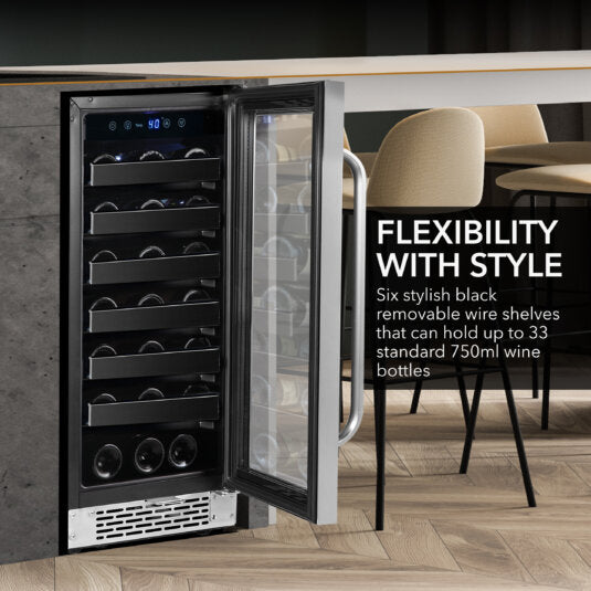 Whynter BWR-308SB 15 inch Built-In 33 Bottle Undercounter Stainless Steel Wine Refrigerator with Reversible Door, Digital Control, Lock, and Carbon Filter